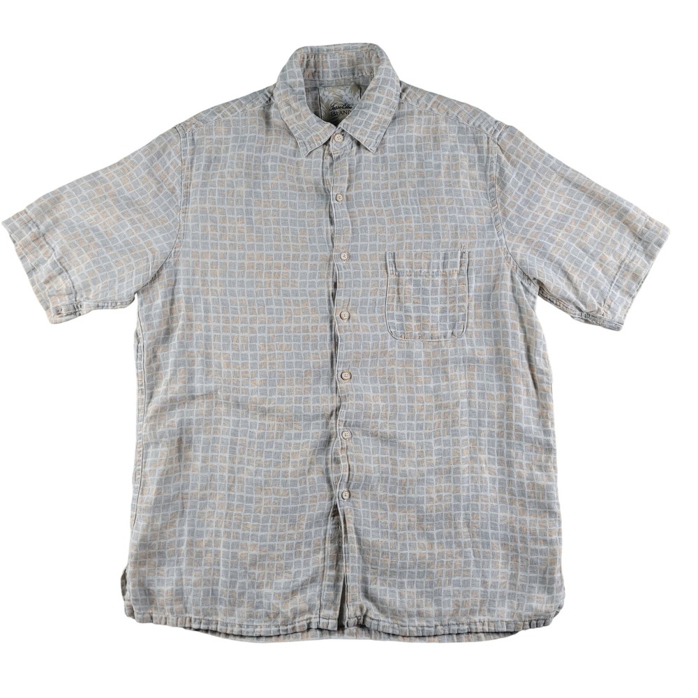 Tasso Elba Island Shirt Mens Size Medium Grey Silk Linen Geometric Button Up S/S